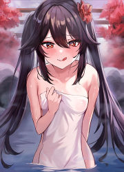 Rule 34 | 1girl, bare shoulders, blush, breasts, brown hair, collarbone, covering privates, docozi, flower, genshin impact, hair flower, hair ornament, hu tao (genshin impact), licking lips, long hair, looking at viewer, medium breasts, naked towel, nude cover, onsen, red eyes, smile, solo, symbol-shaped pupils, tongue, tongue out, towel, twintails, very long hair, wading, water, wet