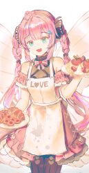 Rule 34 | 1girl, absurdres, ahoge, apron, aqua eyes, banana, banana slice, bare shoulders, black ribbon, braid, cawfy, cookie, croissant, dessert, dress, fairy wings, fang, food, fruit, hair ribbon, heart, heart ahoge, highres, holding, holding plate, kokoromo memory, long hair, open mouth, phase connect, pink dress, pink hair, plate, pointy ears, ribbon, simple background, sketch, skin fang, smile, solo, strawberry, twintails, very long hair, virtual youtuber, white apron, white background, wings