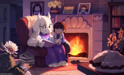 Rule 34 | 1girl, alphys, androgynous, animal ears, artist name, asgore dreemurr, barefoot, bespectacled, bluekomadori, book, book stack, bookshelf, brown hair, cactus, chair, closed eyes, fire, fireplace, flower, food, frisk (undertale), full body, furry, furry female, glasses, goat ears, hands on own face, highres, horns, indoors, long sleeves, monster girl, open book, papyrus (undertale), photo (object), pie, portrait (object), reading, refrigerator, rug, sans (undertale), shirt, shoes, short hair, sitting, smile, sora23163, striped clothes, striped shirt, toriel, tumblr username, undertale, undyne, unworn shoes, watermark, web address