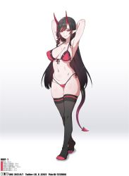 Rule 34 | 1girl, armpits, arms behind head, bikini, black hair, black thighhighs, breasts, cameltoe, cleavage, covered erect nipples, drill hair, full body, highres, horns, long hair, looking at viewer, multicolored hair, navel, original, pointy ears, red bikini, simple background, smile, solo, swimsuit, tail, thighhighs, two-tone hair, white background, xiangzi box