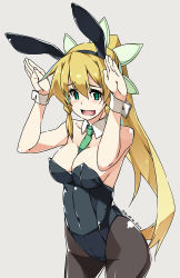 Rule 34 | 1girl, animal ears, bare shoulders, between breasts, black leotard, black pantyhose, blonde hair, blush, breasts, covered navel, cowboy shot, dated, detached collar, fake animal ears, green eyes, grey background, hair between eyes, highres, large breasts, leafa, leotard, long hair, looking at viewer, necktie, open mouth, pantyhose, playboy bunny, ponytail, rabbit ears, shikei, solo, strapless, strapless leotard, sword art online, wrist cuffs