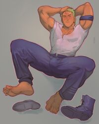 Rule 34 | 1boy, absurdres, bara, barefoot, blush, bulge, collared shirt, earrings, enri (ceinordraws), feet, full body, green hair, hand on own head, highres, jewelry, large pectorals, looking up, male focus, mature male, muscular, muscular male, one piece, pants, pectoral cleavage, pectorals, roronoa zoro, scar, scar across eye, scar on chest, shirt, short hair, shy, sideburns, solo, spread legs, stitches, thick eyebrows, thighs, unworn footwear, veiny face