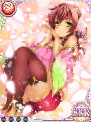 Rule 34 | 1girl, blush, brown hair, cherry blossoms, dark skin, dark-skinned female, green eyes, hair ornament, koihime musou, long hair, long sleeves, looking at viewer, lying, shorts, simple background, smile, solo, taishiji, thighhighs