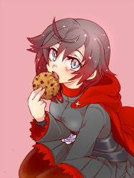 Rule 34 | 1girl, black hair, breasts, cape, cookie, eating, food, looking at viewer, mijinko (83nabe), open mouth, pantyhose, ruby rose, rwby, short hair, simple background, solo