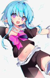 Rule 34 | 1girl, bandaged leg, bandages, blue hair, bow, crop top, flat chest, highres, looking at viewer, navel, open mouth, original, outstretched arms, pointy ears, purple eyes, shikkuro69, short hair with long locks, shorts, simple background, smile, solo, spread arms, white background