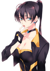 Rule 34 | 10s, 1girl, alternate costume, aqua eyes, arm at side, black choker, black gloves, black hair, black jacket, blood, breasts, choker, cleavage, earrings, finger in own mouth, fingerless gloves, gem, gloves, hair between eyes, hand up, injury, jacket, jewelry, kunizuka yayoi, large breasts, lips, long hair, looking at viewer, neck, open clothes, open jacket, ponytail, psycho-pass, sideways glance, solo, strapless, tima, white background