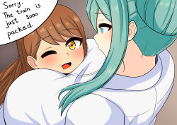 Rule 34 | 2girls, aqua eyes, aqua hair, asa midori, between breasts, blush, breasts, brown eyes, brown hair, english text, face between breasts, face to breasts, hair bun, head between breasts, highres, huge breasts, long hair, looking at another, multiple girls, one eye closed, open mouth, original, rezu (the only shoe), short hair, smile, speech bubble, the only shoe, yuri