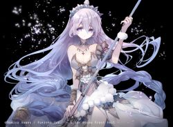 Rule 34 | 1girl, absurdly long hair, armor, armored dress, black background, blade rondo, blue hair, braid, breasts, character request, cleavage, closed mouth, commentary request, copyright name, copyright notice, cyawa, dress, gradient hair, hair ornament, holding, jewelry, long hair, medium breasts, multicolored hair, official art, pendant, purple eyes, purple hair, solo, strapless, strapless dress, tiara, very long hair, watermark, white dress