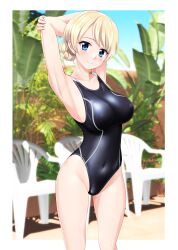 Rule 34 | 1girl, absurdres, arms behind head, banana tree, black one-piece swimsuit, blonde hair, blue eyes, braid, breasts, chair, commentary request, competition swimsuit, covered navel, cowboy shot, darjeeling (girls und panzer), girls und panzer, highres, medium breasts, one-piece swimsuit, photo background, short hair, solo, swimsuit, takafumi, twin braids