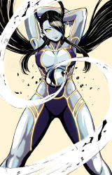 Rule 34 | 1girl, 8686cure, absurdres, armpits, arms up, black hair, bodypaint, breasts, cleavage, female seth (street fighter), floating hair, hair over one eye, halo, highres, large breasts, long hair, metal skin, neon trim, orb, painted clothes, solo, standing, street fighter, street fighter v, symbol-shaped pupils, thick thighs, thighs, wind, wind lift, yellow eyes, yin yang, yin yang orb