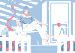 Rule 34 | 1girl, absurdres, blue hair, blue shirt, bra, chair, coffee cup, collarbone, commentary, cup, disposable cup, door, electric fan, english commentary, fence, flower, full body, highres, leaf, crossed legs, limited palette, minimalism, nico-tine, off-shoulder shirt, off shoulder, one eye closed, original, outdoors, pants, parted lips, plant, red flower, sandals, shade, shirt, shirt tucked in, short hair, sitting, solo, spot color, table, underwear, vines, white bra, white pants