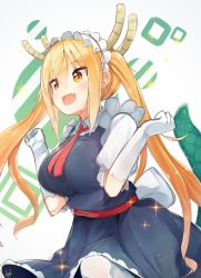 Rule 34 | 1girl, :d, black dress, blonde hair, blush, breasts, cowboy shot, dragon girl, dragon horns, dragon tail, dress, fang, frilled dress, frills, gloves, hair between eyes, hands up, highres, horns, kobayashi-san chi no maidragon, large breasts, large tail, liely, long hair, looking away, maid, maid headdress, necktie, open mouth, pantyhose, red necktie, sidelocks, signature, skin fang, slit pupils, smile, solo, sparkle, standing, tail, tohru (maidragon), twintails, very long hair, white gloves, wing collar, yellow eyes