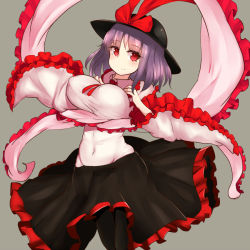 Rule 34 | 1girl, black pantyhose, breasts, capelet, clothes lift, commentary request, covered navel, cowboy shot, crayon (medium), frilled sleeves, frills, hat, hat ribbon, huge breasts, light purple hair, long sleeves, midriff, nagae iku, navel, pantyhose, red eyes, ribbon, shawl, shirt, shirt lift, skirt, smile, solo, touhou, traditional media, wide sleeves, zibun owl