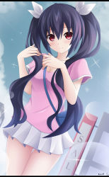 Rule 34 | 10s, 1girl, alternate costume, artist name, bad id, bad pixiv id, black hair, blush, breasts, casual, cleavage, female focus, hair ornament, keenh, long hair, looking at viewer, neptune (series), noire (neptunia), red eyes, smile, solo, twintails