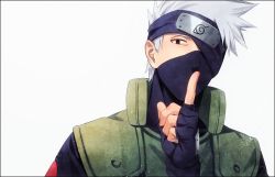 Rule 34 | 1boy, bad id, bad pixiv id, black eyes, hatake kakashi, headband, index finger raised, itohara, looking at viewer, male focus, mask, naruto (series), portrait, silver hair, simple background, solo, white background
