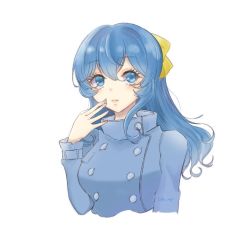 Rule 34 | 1girl, alternate hairstyle, blue coat, blue eyes, blue hair, buttons, coat, double-breasted, gotland (kancolle), hair down, hair ribbon, kantai collection, karin., long hair, mole, mole under eye, ribbon, simple background, solo, white background