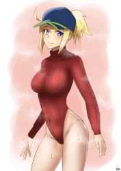 Rule 34 | 1girl, absurdres, artoria pendragon (fate), baseball cap, blonde hair, blue eyes, blue hat, breasts, commentary request, contrapposto, covered navel, cowboy shot, fate/grand order, fate (series), hat, heattech leotard, highleg, highleg leotard, highres, kasumi saika, leotard, long hair, looking at viewer, medium breasts, mysterious heroine x (fate), mysterious heroine xx (fate), pink background, ponytail, red leotard, ribbed leotard, solo, standing, steam, sweat, turtleneck, two-tone background