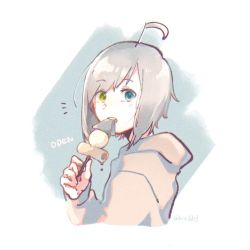Rule 34 | 1boy, ^^^, ahoge, androgynous, blue eyes, chikuwa, commentary, daikon, eating, food, from side, green eyes, grey hoodie, heterochromia, holding, holding food, holding stick, hood, hoodie, konnyaku (food), looking at viewer, looking back, male focus, mi no take, oden, portrait, radish, silver hair, solo, stick, symbol-only commentary, twitter username, utatane piko, vocaloid
