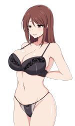 Rule 34 | 1girl, arms behind back, bikini, black bikini, black bra, bow, bow bikini, bra, breasts, brown eyes, brown hair, cleavage, closed mouth, commentary, half-closed eyes, highres, idolmaster, idolmaster cinderella girls, large breasts, long hair, looking to the side, mifune miyu, navel, neo gyzar, simple background, smile, solo, standing, string bikini, swimsuit, underwear, underwear only, white background