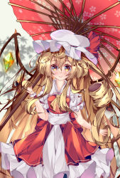 Rule 34 | 1girl, alternate hair length, alternate hairstyle, bad hands, blonde hair, closed mouth, collared shirt, cowboy shot, crystal, fant, flandre scarlet, frilled sleeves, frills, hair between eyes, hat, hat ribbon, highres, holding, holding umbrella, layered skirt, long hair, looking at viewer, mob cap, oil-paper umbrella, puffy short sleeves, puffy sleeves, red ribbon, red skirt, red umbrella, red vest, ribbon, shirt, short sleeves, skirt, smile, solo, touhou, umbrella, very long hair, vest, white hat, white shirt, white skirt, wings