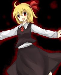Rule 34 | 1girl, akina, bad id, bad pixiv id, black background, blonde hair, embodiment of scarlet devil, female focus, outstretched arms, red eyes, ribbon, rumia, short hair, solo, spread arms, standing, touhou
