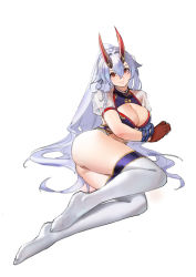Rule 34 | ass, bikini, blue gloves, breasts, cleavage, commentary request, fate/grand order, fate (series), gloves, grey hair, hair between eyes, highres, horns, large breasts, lying, mitsudomoe (shape), on side, oni horns, purple bikini, red eyes, red gloves, red horns, see-through, see-through sleeves, short sleeves, simple background, swimsuit, thighhighs, tomoe (symbol), tomoe gozen (fate), tomoe gozen (swimsuit saber) (fate), tomoe gozen (swimsuit saber) (third ascension) (fate), white background, white thighhighs, zero77776