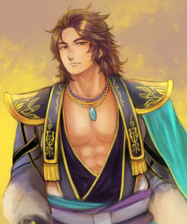 Rule 34 | 1boy, abs, brown eyes, brown hair, fabric, jewelry, looking at viewer, male focus, muscular, necklace, open clothes, open shirt, pectorals, shin sangoku musou, shin sangoku musou 7, shirt, sima zhao, solo