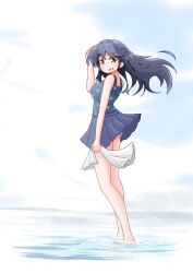 Rule 34 | 1girl, aaoi, black hair, blue skirt, brown eyes, highres, kantai collection, long hair, one-hour drawing challenge, pleated skirt, polka dot, polka dot swimsuit, skirt, smile, solo, standing, swimsuit, swimsuit under clothes, towel, ushio (kancolle), ushio (swimsuit mode) (kancolle), wading, water, white towel