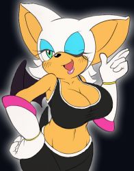 Rule 34 | 1girl, animal ears, artist request, ass, bat ears, bat wings, black background, breasts, cleavage, cowboy shot, eyeshadow, female focus, flat color, gloves, gradient background, hand on own hip, large breasts, makeup, navel, one eye closed, rouge the bat, sega, solo, sonic (series), sonic riders, sports bra, standing, wings
