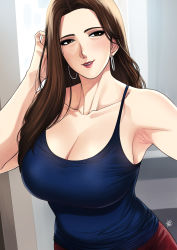 Rule 34 | 1girl, armpit lips, armpits, blue tank top, breasts, brown eyes, brown hair, cleavage, collarbone, highres, lipstick, looking at viewer, makeup, marvel, marvel cinematic universe, mature female, may parker, shirt, skirt, sleeveless, sleeveless shirt, spider-man: far from home, spider-man (series), tank top, xter