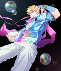 Rule 34 | 1boy, abs, absurdres, belt, blonde hair, bubble, caesar anthonio zeppeli, facial mark, fingerless gloves, gloves, gradient background, green eyes, headband, highres, hydrokinesis, jacket, jojo no kimyou na bouken, male focus, pink scarf, scarf, shin (840573976), smile, solo, water, winged hair ornament