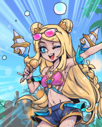 Rule 34 | 1girl, :d, arm cuffs, bare shoulders, blonde hair, blue shorts, bracelet, braid, breasts, cowboy shot, day, double bun, emphasis lines, eyewear on head, hair bun, holding, holding microphone, jewelry, league of legends, long hair, medium breasts, microphone, navel, necklace, ocean song seraphine, one eye closed, open mouth, outdoors, people, phantom ix row, seraphine (league of legends), shorts, smile, solo focus, stomach, sunglasses, teeth, upper teeth only