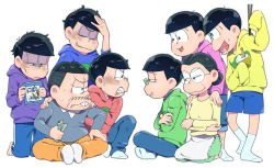 Rule 34 | 10s, 1girl, 6+boys, :3, :d, apron, barefoot, black hair, blue pants, blue shorts, bowl, brothers, buck teeth, cat, chopsticks, clenched teeth, clothes pin, collared shirt, color drain, crossed arms, dirty, dirty face, eye contact, closed eyes, facial hair, family, food, food on face, full body, glasses, green skirt, grin, hands on another&#039;s shoulders, heart, heart in mouth, holding, holding bowl, hood, hood down, hoodie, hungry, husband and wife, indian style, kneeling, long sleeves, looking at another, maluta, matsuno choromatsu, matsuno ichimatsu, matsuno jyushimatsu, matsuno karamatsu, matsuno matsuyo, matsuno matsuzou, matsuno osomatsu, matsuno todomatsu, messy hair, money, multiple boys, mustache, no shoes, open mouth, osomatsu-kun, osomatsu-san, pants, pants rolled up, profile, rice, round eyewear, seiza, sextuplets, shirt, shorts, siblings, sitting, skirt, sleeves past wrists, smile, smirk, socks, standing, sweatdrop, sweater, tears, teeth, tempura, track pants, waist apron, white apron, white background, white legwear, white shirt