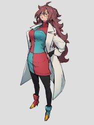 Rule 34 | 1girl, android 21, checkered clothes, checkered dress, dragon ball, dragon ball fighterz, dress, earrings, closed eyes, full body, glasses, grey background, hoop earrings, jewelry, kemachiku, lab coat, long hair, pantyhose, red hair, red ribbon army, simple background, solo, standing