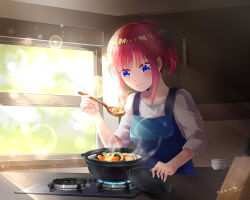 Rule 34 | 1girl, absurdres, apron, black ribbon, blue apron, blue eyes, blunt bangs, butterfly hair ornament, commentary request, cooking, cooking pot, food, go-toubun no hanayome, hair ornament, hair ribbon, highres, holding, holding spoon, indoors, nakano nino, pink hair, qise zhijing, ribbon, shirt, short hair, short sleeves, signature, smile, solo, spoon, stove, white shirt, wooden spoon