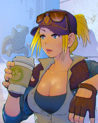 Rule 34 | 1boy, 1girl, abigail (final fight), black-framed eyewear, black gloves, blonde hair, blue eyes, blue headwear, blue jacket, breasts, cameo, cleavage, coffee cup, commentary, cropped jacket, cup, disposable cup, earrings, english commentary, eyelashes, eyewear on head, fingerless gloves, fingernails, fleeing, folded ponytail, freckles, gloves, hair through headwear, highres, jacket, jewelry, large breasts, lucia morgan, medium hair, mike haggar, mole, mole on breast, nose, partially unbuttoned, police, police badge, police uniform, quasimodox, sleeves pushed up, solo focus, street fighter, street fighter v, stud earrings, sunglasses, uniform