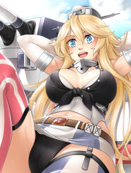 Rule 34 | 10s, 1girl, arms behind head, asymmetrical legwear, black panties, blonde hair, blue eyes, breasts, cleavage, elbow gloves, front-tie top, garter straps, gloves, hair between eyes, hat, headgear, highres, iowa (kancolle), kantai collection, kore, kore (korewa13th), large breasts, long hair, machinery, midriff, mismatched legwear, navel, open mouth, panties, skirt, solo, star-shaped pupils, star (symbol), striped clothes, striped skirt, striped thighhighs, symbol-shaped pupils, thighhighs, turret, underwear, vertical-striped clothes, vertical-striped skirt, vertical-striped thighhighs