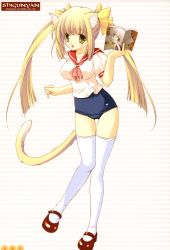 Rule 34 | absurdres, animal ears, blonde hair, book, cat ears, cat tail, highres, long hair, no pants, one-piece swimsuit, school swimsuit, shigunyan, solo, swimsuit, swimsuit under clothes, tail, thigh gap, thighhighs, thighs, twintails, white thighhighs, yellow eyes