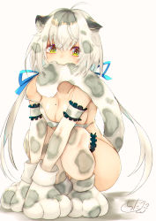 Rule 34 | 1girl, ahoge, animal ear fluff, animal hands, arm garter, bare shoulders, bikini pull, blue ribbon, blush, breasts, bridal garter, bright pupils, chita (ketchup), cleavage, clothes pull, collarbone, colored eyelashes, commentary request, convenient arm, full body, gloves, green eyes, hair between eyes, hair ribbon, highres, long hair, looking at viewer, low twintails, medium breasts, mole, mole on breast, mouth hold, original, paw gloves, paw shoes, ribbon, shoes, signature, silver hair, simple background, solo, strap slip, tail, thick eyebrows, twintails, very long hair, white background