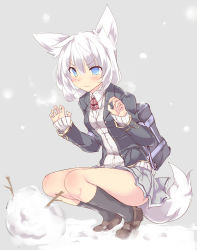 Rule 34 | 1girl, animal ears, backpack, bad id, bad pixiv id, bag, black socks, blazer, blue eyes, blush, breasts, fox ears, frown, grey background, grey skirt, highres, jacket, kneehighs, kokutouman, loafers, long sleeves, open clothes, open jacket, original, pleated skirt, school uniform, shirt, shoes, shugami, simple background, skirt, small breasts, snow, snowman, socks, solo, squatting, tail, wavy mouth, white hair, white shirt