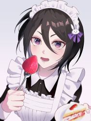 Rule 34 | 1girl, absurdres, alternate costume, apron, bleach, bleach: sennen kessen-hen, bow, cake, enmaided, food, frilled apron, frills, fruit, gwao ( ul 13), hair ornament, highres, holding, kuchiki rukia, looking at viewer, maid, maid apron, maid headdress, open mouth, plate, simple background, solo, strawberry, white apron