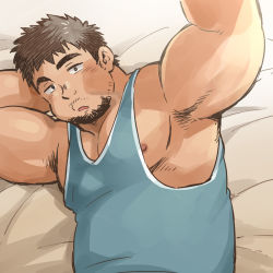 Rule 34 | 1boy, armpit hair, armpits, bara, bare arms, belly, biceps, blue tank top, brown eyes, brown hair, facial hair, fat, fat man, goatee, looking at viewer, male focus, muscular, muscular male, nipple slip, nipples, on bed, original, pectorals, selfie, short hair, sidepec, solo, stubble, suv (suv032), tank top, thick eyebrows, upper body