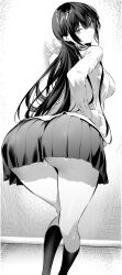 Rule 34 | 1girl, ass, ass focus, black hair, black skirt, black socks, breasts, from behind, greyscale, haite kudasai takamine-san, highres, hiiragi yuuichi, large breasts, long hair, long sleeves, looking at viewer, looking back, monochrome, open clothes, open shirt, pleated skirt, shirt, skirt, socks, solo, standing, takamine takane, thighs, white shirt