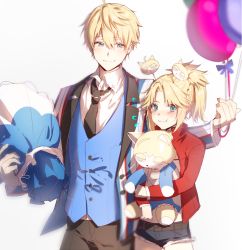 Rule 34 | 1boy, 1girl, aged down, alternate costume, arthur pendragon (fate), bad id, bad twitter id, balloon, black neckwear, blonde hair, blue eyes, blush, closed mouth, commentary request, doll, hugging doll, dore (gilles dore), fate/apocrypha, fate/grand order, fate/prototype, fate (series), father and daughter, hair between eyes, holding, hug, long sleeves, looking at viewer, mordred (fate), mordred (fate/apocrypha), mordred (memories at trifas) (fate), hugging object, smile, stuffed animal, stuffed toy
