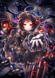 Rule 34 | 10s, 1girl, abyssal ship, artist name, black bow, black dress, black footwear, black hair, black pantyhose, blurry, bonnet, boots, bow, claws, depth of field, dress, eyelashes, frilled sleeves, frills, glowing, gothic lolita, highres, horns, isolated island princess, kantai collection, light particles, lolita fashion, long hair, looking at viewer, outstretched arm, palms, pantyhose, parted lips, red eyes, signature, smile, solo, suou sakura, very long hair, water