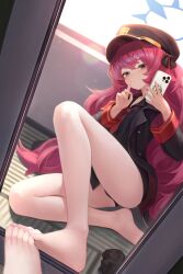 Rule 34 | absurdres, bare legs, barefoot, black hat, black shirt, blue archive, cellphone, collared shirt, finger to mouth, grey eyes, halo, hat, highres, holding, holding phone, index finger raised, iroha (blue archive), jacket, long hair, military, military hat, military jacket, military uniform, mirror, necktie, panties, pantyshot, peaked cap, phone, red hair, red necktie, selfie, shirt, smartphone, smile, underwear, uniform, unworn socks, wavy hair, whonyang