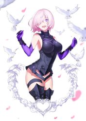 Rule 34 | 1girl, 2r- (pixiv8168114), armor, bare shoulders, bird, blurry, breasts, chinese commentary, curled fingers, dove, elbow gloves, fate/grand order, fate (series), flower, gauntlets, gloves, hair over one eye, hand up, happy, heart, highres, mash kyrielight, medium hair, one eye covered, open mouth, petals, pink hair, purple eyes, rose, simple background, solo, teeth, thigh strap, thighs, tongue, upper teeth only, white background, white bird, white flower, white lily, white rose
