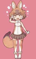 Rule 34 | 1girl, animal ear fluff, animal ears, bare shoulders, boots, bow, bowtie, brown hair, brown thighhighs, commentary request, dhole (kemono friends), dog ears, dog tail, extra ears, fangs, footwear bow, full body, fur collar, glove bow, gloves, grey skirt, hair between eyes, highres, kemono friends, kolshica, light brown hair, light brown legwear, light brown shirt, multicolored hair, open mouth, pleated skirt, salute, shirt, shoes, sidelocks, skirt, sleeveless, smile, solo, tail, thighhighs, two-tone legwear, two-tone shirt, white bow, white bowtie, white gloves, white hair, white shirt, white thighhighs, yellow eyes, zettai ryouiki