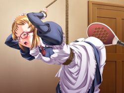Rule 34 | artist request, bdsm, bondage, bound, glasses, maid, open mouth, paddle, source request, spanked, tagme, tears