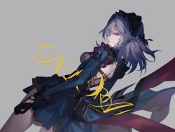 Rule 34 | 1girl, alternate costume, backless dress, backless outfit, black gloves, black hairband, blue dress, braid, breasts, character name, closed mouth, dress, dutch angle, frilled hairband, frills, gloves, grey background, grey hair, hairband, highres, izayoi sakuya, knife, lips, long sleeves, looking at viewer, looking back, medium breasts, medium hair, purple eyes, reeh (yukuri130), sideways glance, simple background, solo, touhou